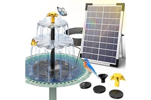 SUJFEE 6 W DIY Fuente Solar para Baño de Pájaros Juego de Agua del Grifo de Tres Niveles con Bomba Solar, 4 Boquillas para Jardines, Baños de Pájaros, Estanques