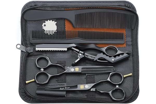 Kit de Ciseaux de Coiffure Professionnel Noir Ciseaux Coiffure 5,5 pouces Inox Peigne Rasoir Acier Ciseaux Coiffure Desepaissir Ciseaux Cheveux Coupe Frange Barbe pour Coiffeur Homme Enfant