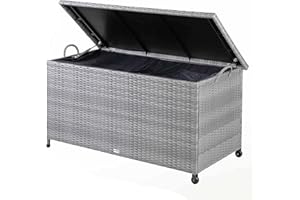 CASARIA® 270 Litre Polyrattan Garden Storage Box with Wheels | Waterproof UV Resistant | Inner Lining | 117x53x60cm Patio Furniture Cushion Chest with Gas Pressure Lift Lid | Grey