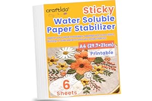 Craftido A4 6PCS (29.7x21cm) Estabilizador de bordado Autoadhesivo soluble en agua Papel Disolvente Imprimible, Peso Medio Permitido para Imprimir o Dibujar Patrones, Bordado a Maquina y a Mano
