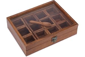 Ajuny Scatola per Spezie in Legno Organizer Masala Dabba con Coperchio in Vetro sulla Parte Superiore 12 Contenitori Rimovibili Cucchiaio di Design Ideale per Condimenti Erbe Regalo