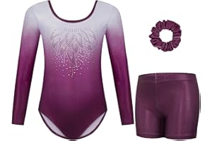 Gogokids Maillots de Gymnastique Trois Pièces pour Filles, Ensemble de Gymnastique à Manches Longues avec Short et Bandeau, Justaucorps de Danse Brillant avec Design de Couleur Dégradée pour 3-12 Ans