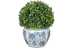Oairse Artificial Plants Boxwood Ball in Blue and White Ceramic Pot Decorative Boxwood Topiary Fake Plants Potted for Table Centerpiece Indoor Plant Home Living Room Kitchen Decoration, 25cm Tall