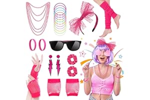 AOPIER 80s Costume Accessories Set for Women, 25Pcs 1980s Fancy Dress Outfit with Neon Leg Warmers Fishnet Gloves Lace Bow Headband Necklace Bracelets Earrings Glasses for Ladies Girls 1980s Theme Party
