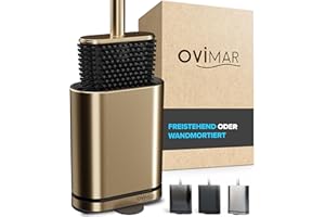 Escobilla de baño Amager Ovimar | Oro | Escobilla de Silicona | Escobilla de baño con ventilación | Acero Inoxidable | Bandeja de Goteo extraíble | Sólo 6 cm de Ancho