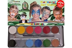 Eulenspiegel 212226 - Palette métallique Carnaval des animaux, 12 couleurs de maquillage aqua professionnel, 2 pinceaux professionnels, 3 tampons éponges