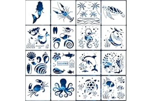 ZFKXGS 16 Stück Schablonen Meer Malerei Schablonen Zeichnen Stencil Schablonen Wiederverwendbar Meer Tier Schablonen Zeichenschablonen Kunststoff Malschablone zum Malen Wanddeko Scrabooking 15x15cm