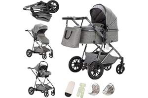 Lnhcrbs Kinderwagen 3 in 1, Kinderwagen Faltbarer Schlafkorb, Bergsteiger Kinderwagen, Verstellbarer Griff, Die Autositze Entsprechen Der ECE R129, Regenschutz Und Moskitonetz, 0-3 Jahre