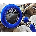 acdiac 3pcs Set Winter Warm Fluffy Furry Fuzzy Plush Soft Fur car Steering Wheel Covers,Universal Thickening Faux Rabbit Fur Steering Covers car Interior Accessories (Blue)