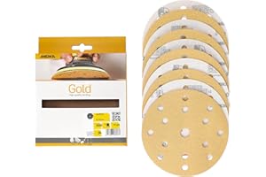 Mirka Gold Papel de lija universal Ø 150mm Discos de lijado con velcro de 15 agujeros, grano P120, 10 piezas / Para lijar yeso, masilla, aglomerado, madera, barniz
