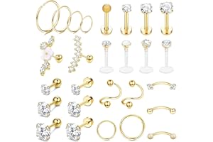 LOLIAS 27Pcs 16G Pendientes de Cartílago Stud Hoop Para Mujeres Hombres Acero inoxidable CZ Labret Helix Piercing Tragus Stud Pendientes Forward Conch Piercing Conjunto de Joyas