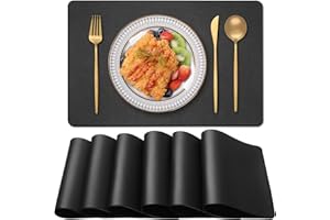 Blibalaskr PVC Heat Resistant Placemats Set of 6,Waterproof Wipeable Floor Place Mats,Non-Slip Easy Clean Table Mats for Kitchen Table Decor,12×18 Inch (Black)