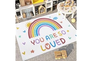 Enyhom 150 x 100 cm Rainbow Nursery Rugs with Star Heart Sun English Worlds, Super Soft Play Mats for Floor Non Slip Washable Area Carpets Rugs for Baby Room Playroom Classroom Bedroom Decor