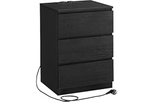 ‎VASAGLE VASAGLE Stolik nocny, 3 szuflady, fazowana krawędź, 2 gniazda AC, 2 porty USB, do salonu, sypialni, gabinetu, nowoczesny, hebanowoczarny, LET631B56