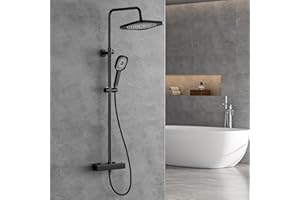 FORIOUS System Prysznicowy z Termostatem, Zestaw Armatury ze Stali Nierdzewnej z Kwadratową Deszczownicą 25 CM, Regulowaną Wysokością Pręta 90-125 CM, 3 Rodzaje Węża Prysznicowego ABS, Czarny Matowy