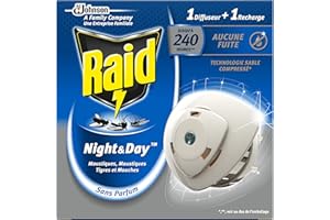 Raid diffuseur électrique night&day mouches, moustiques et moustiques tigres, 1 diffuseur + 1 recharge 240 heures, L'emballage peut varier