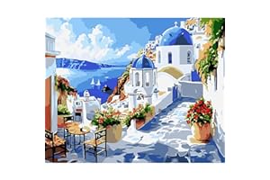 NEWENMO Griechische Architektur Nach Zahlen Erwachsene,Seelandschaft Paint by Numbers,DIY Blume Handgemalt Ölgemälde Kit,Malen Nach Zahlen Kits mit Pinseln und Acrylfarbe,für Home Decor 40x50cm