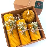 Petekoğlu Wax Candle Decorative Gift Box Set of 4 Natural Honeycomb Beeswax Candle Pumpkin (Cream with Green Flowers)