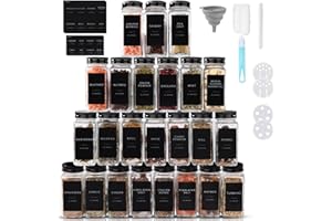FoiiLiio Barattoli Spezie, 24 x 120ml - Barattoli Portaspezie Vetro, Contenitori Spezie per Cucina, Trasparente Vasetti Spezie - Inclusi Etichette, Spazzole, Imbuto in Silicone - Coperchio Nero