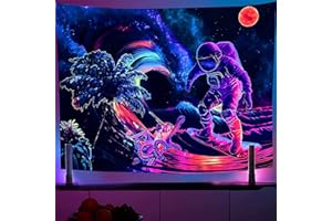 OSVINO Lumière noire Astronaute Tapisserie 150X200CM Espace Végétaux Pieuvre Tapisserie Esthétique Tenture murale néon Affiches artistiques Réactif aux UV Tapisseries Trippy pour la décoration