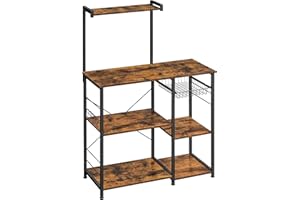 VASAGLE Estantería de Cocina, Soporte para Microondas, Cesta de Alambre, 6 Ganchos, para Especias, Ollas y Sartenes, 40 x 90 x 134 cm, Marrón Rústico, Negro KKS35X