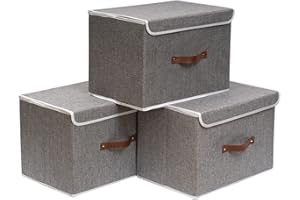 OUTBROS Boîte de Rangement, 38 x 25 x 25 cm Paniers de Rangement Pliables avec Couvercles et Poignées, Boîte Range pour Vêtement, Magazine pour, Chambre à Coucher (3 pièces, Gris)