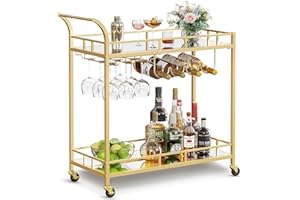 VASAGLE Drinks Trolley, Bar Cart, Serving Trolley with 2 Mirrored Shelves, Wine Holders, Glass Holders, for Home Bar, Kitchen, Dining Room, Gold LRC090A03