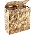 Gr8 Home Extra Large Rectangular Water Hyacinth Double Laundry Hamper Woven XL Washing Basket With 2 Compartment Liner Bags Clothes Storage Bin Organiser Box Truck Chest With Lid