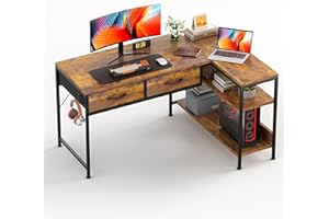 CAIYUN L Shaped Computer Desk with 2 Drawers, 100CM Office Corner Desk with 2 Storage Shelves, Working Table Study Table for Home Office Desk, Brown