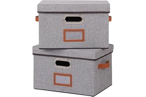 OUTBROS Lot de 2 Paniers de Rangement, Caisses en Tissu Lavable, Boîte Pliables avec Couvercle et Poignées, pour Vêtement, Magazine pour Maison (Gris, 38 x 25 x 25 cm)