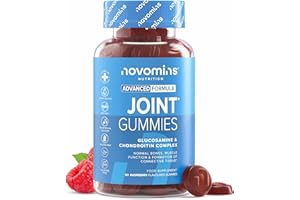 Glucosamine Chondroïtine avec Curcuma - Contre Douleurs Articulaires - Joint Care - pour Cartilage & Os - avec Vitamine D & E - Complement Alimentarie Sans Gluten - 60 Glucosamine Gummies - Novomins