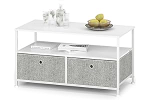 ‎WEEU Beistelltisch Couchtisch Kaffeetisch Metall mit 2 Schubladen aus Stoff und Offenem Fach Sofatisch Quadratisch TV Schrank Klein mit Ordnungsboxen aus Holz und Stahl für Wohnzimmer Weiß & Grau