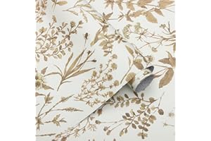 Fiula Papel Pintado Autoadhesivo Para Muebles 44 cm x 3 m Diseño de Flores Resistente al Agua para Muebles Multiusos Extraíble Color Blanco y Dorado para Superficies de Muebles Pared Salón