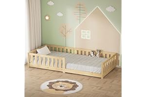 ML DESIGN MODERN LIVING ML-Design Letto Basso per Bambini e Bambine 90x200 cm, Naturale, in Legno di Pino Massiccio, con Rete a Doghe e Protezione Anticaduta, Giroletto Giovanile, Lettino Montessori per Ragazzi