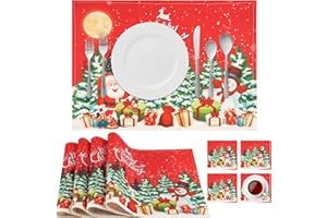 VAKTOP 8pcs Santa Claus Christmas Placemats Sets - Heat Proof Xmas Table Mats and Coasters for Wedding Dinner Table Decoration