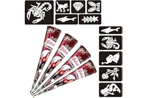 ‎NATURIC Naturic 4x Henna Tattoo, Temporäre Tattoo + 11x Henna Tattoo Schablone, Temporäre Mehndi Tattoos, Natürliche Kegel, Tattoo sticker, Temporäre Tätowierung - Rotbraun
