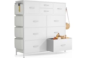 Buluri Tall Chest of Drawers Bedroom, 10 Fabric Drawers Dresser with Side Pockets and Hooks, Wooden Top and Metal Frame, Storage Drawers for Closet, Living room, Kids Room (White)