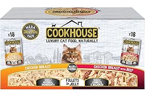 COOKHOUSE 100% Natural & Complete Luxury Wet Cat Food - 36 x 70g Pouches - Chicken Breast/Chicken Breast with Beef - Fillets in Jelly