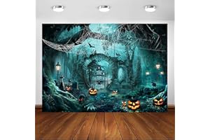 Avezano Halloween Backdrop Horror Misty Forest Pumpkin Background Witch Sorcerer Ghost Graveyard Child Kids Halloween Party Backdrop Decorations Photo Booth Props (Green, 7x5ft)