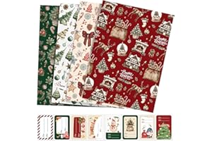 LEMESO Carta Regalo Natale Grande Carta Regalo Natalizia Vintage 4 Motivi con 8 Etichette Adesive Confezioni Pacchi Natalizie Bambini Imballaggio Regali Natale
