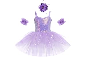 IBTOM CASTLE Justaucorps Gymnastique Fille Sans Manches à Paillettes Tutu Danse Classique Fille Vêtements Jupe en Tulle Scintillant Robe de Ballet Enfants Ensemble de 3 Pièces Costume Robe de Danse
