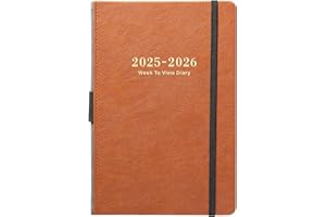 BOOQOOL Academic Diary 2025-2026 - A5 Week to View Diary 2025-2026, Jul.2025 - Jun.2026, Premium Thicker Paper with Pen Holder, Inner Pocket and 40 Notes Pages, Brown Faux Leather Cover