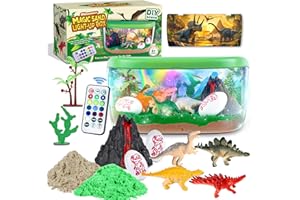Plunack Kit de Terrarium Dinosaure Artisanat Créatif – Veilleuse LED 13 Couleurs avec Mini Figurines Dinosaures, Sable Magique – Cadeau Anniversaire Noel pour Enfant 3-8 Ans, Jouet Dinosaure Garçon