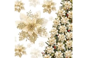 XIMISHOP 24 Pieces Glitter Christmas Poinsettia Flowers, gold Artificial Poinsettia Christmas Flowers for Xmas Tree Wreath Decorations Wedding Party Decor