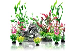QUOZUO Aquarium Decoration Plante, Plantes Artificielle Aquarium Deco et Rocher Polyrésine Grotte Ornement, Cachette Décoration pour Aquarium Poissons, 12 Pièces