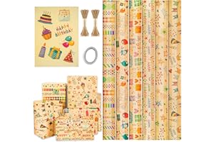 JOYSAL 6 Rouleaux Papier Cadeau Anniversaire, Rouleau Papier Cadeau 70x50cm, Papier Cadeau Kraft, Femme Fille Homme Garçon, Papier Cadeau Rouleau avec Ruban Adhésif Double Face, Autocollants et Ficelle