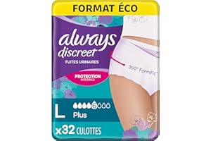 Always Discreet Culottes pour Incontinence, Fuites Urinaires, Taille L, Format Éco x32, Choix entre 5, 6 et 7 Gouttes