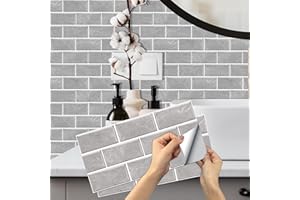 Grey Brick Tile Stickers, BYLife 12pcs Peel and Stick Wallpaper Transfers Sticker for Kitchen Bathroom Self Adhesive Vinyl Splashback Wall Tile for Home Decor 15x30 cm