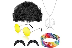 Abitoncc 6 Pcs Hippie Accessories Men 70s Fancy Dress Men Funky Afro Wig for Men, Peace Sign Necklace, Sunglasses, Mustache 60s Hippie Costume for Men 50s / 60s / 70s Themed Party Hippy Accessories