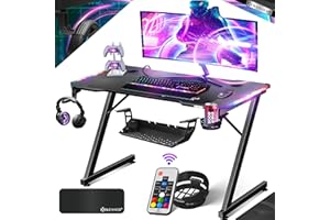‎KESSER KESSER® Gaming Tisch LED 120cm x 60cm | Z-Form Gamer Schreibtisch | Kopfhörerhaken & Kohlebeschichtung | Ergonomischer PC Computertisch | Stabiler Tisch mit Getränkehalter Schwarz